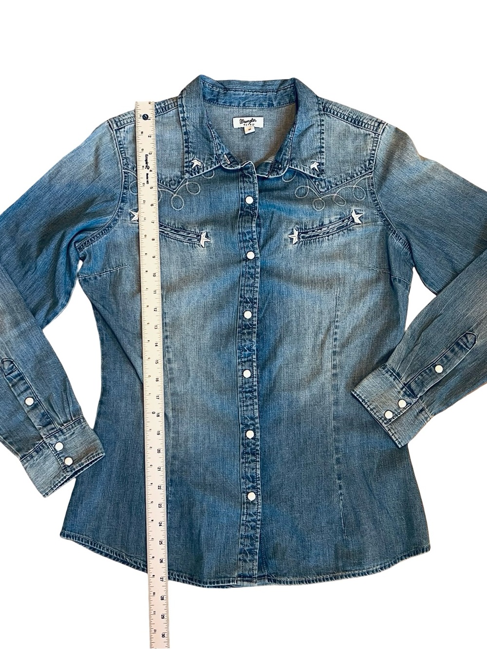 Wrangler Retro Women’s Sz M Denim Western Shirt Embroidered Pearl Snap - Picture 4 of 13